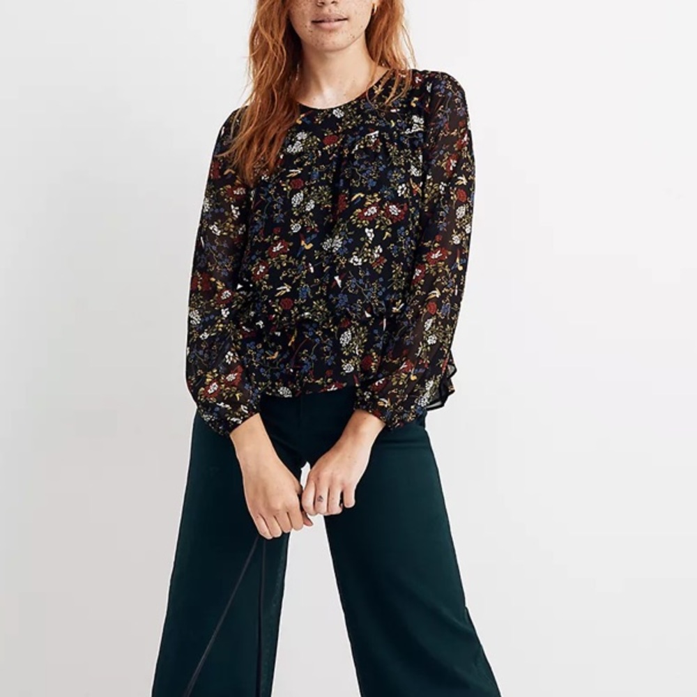 Madewell Sheer Sleeve Ruffle Peplum Top in Finch Floral